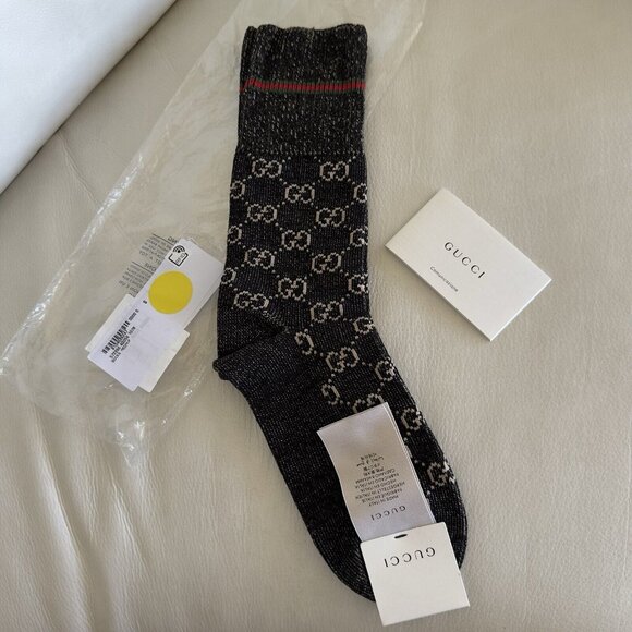 NWT GUCCI SOCKS Black GG LOGO Wool Sz S Web - Picture 2 of 5